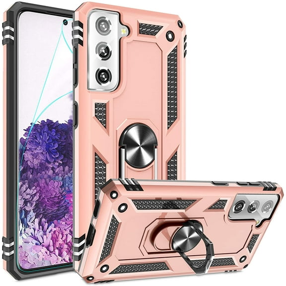 Compatible for Samsung Galaxy S21 5G Case 6.2-inch with HD Screen Protector, Military-Grade Protective Phone Case with Magnetic Kickstand Ring for Samsung Galaxy S21 Rose Gold