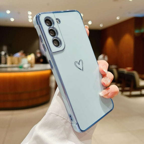 Compatible with Samsung Galaxy S21 5G Case for Women Girls, Cute Love Heart Pattern Electroplated Design Soft Slim TPU Protective Bumper Cover for Samsung Galaxy S21 6.2"-Blue