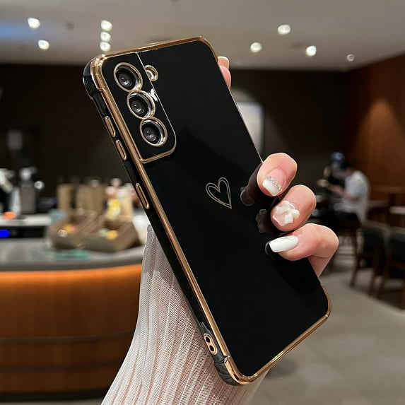 Compatible with Samsung Galaxy S21 5G Case for Women Girls, Cute Love Heart Pattern Electroplated Design Soft Slim TPU Protective Bumper Cover for Samsung Galaxy S21 6.2"-Black