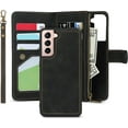 thumbnail image 1 of Compatible with Samsung Galaxy S21 5G Wallet Case,[6 Card Slots] [Wrist Strap] [Stand Feature] Detachable 2 in 1 Magnetic Zipper Leather Cover Case for Samsung Galaxy S21 5G,6.2 inch Black, 1 of 16