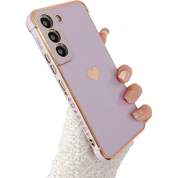 Compatible with Samsung Galaxy S21 6.2” 5g Phone Case,Luxury Plating Cute Love Heart Side Small Pattern Phone Case,Full Camera Protection Soft Silicone Shockproof Bumper Cover (Purple)