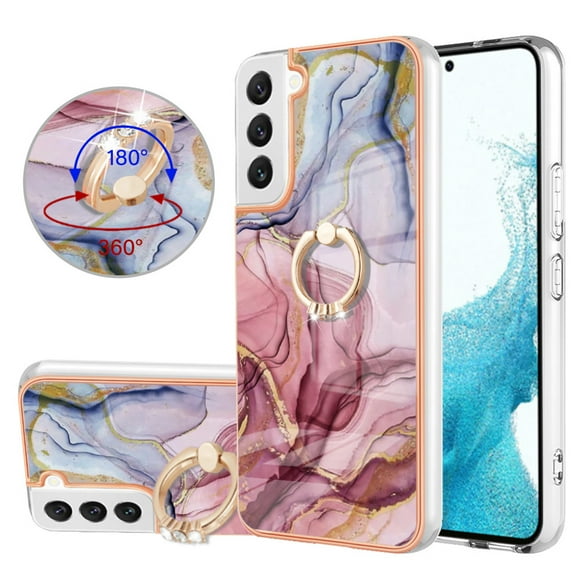 Compatible with Samsung Galaxy S21 Case, Fantastic Marble Patterned Phone Case Anti-Scratch Slim Hybrid Hard Plastic Bumper+Soft Silicone TPU with Ring Kickstand Bumper Shockproof Cover,Rose