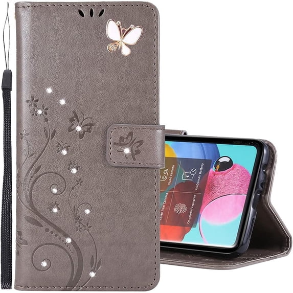 Compatible with Samsung Galaxy S21 Case Glitter with Card Holder Flip Wallet Phone Case for Women Crystal Butterfly Shockproof Protective Case for Samsung Galaxy S21 5G,Gray GY