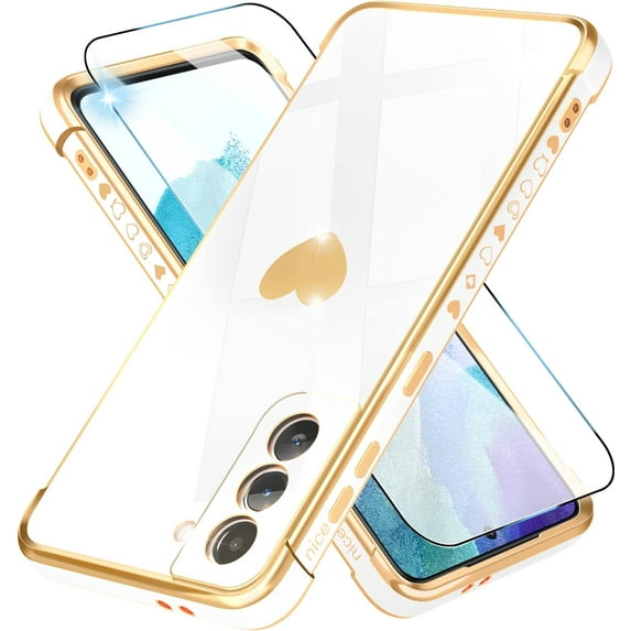 Compatible with Samsung Galaxy S21 Case with HD Screen Protector Shockproof Protection, Love Heart Plating Girly Women Cute Soft TPU Luxury Elegant Case for Galaxy S21 5G, White