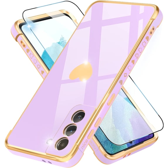 Compatible with Samsung Galaxy S21 Case with HD Screen Protector Shockproof Protection, Love Heart Plating Girly Women Cute Soft TPU Luxury Elegant Case for Galaxy S21 5G, Purple