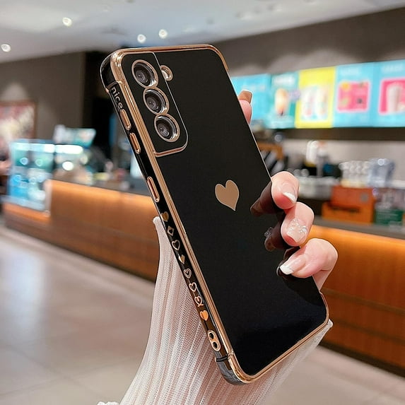 Compatible with Samsung Galaxy S21 Case,Love Heart Pattern Electroplated Design Soft TPU Shockproof Protective Phone Case Full Camera Lens Protection Cover for Samsung Galaxy S21 5G-Black