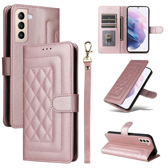 Compatible with Samsung Galaxy S21 Case, Premium Leather Wallet Book Case Magnetic Flip RFID Blocking Credit Card Holder Kickstand with Wrist Strap Shock Absorbing Case, Rosegold