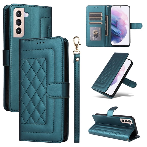 Compatible with Samsung Galaxy S21 Case, Premium Leather Wallet Book Case Magnetic Flip RFID Blocking Credit Card Holder Kickstand with Wrist Strap Shock Absorbing Case, Darkgreen