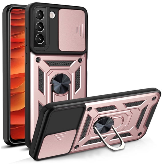 Compatible with Samsung Galaxy S21 Case with Sliding Camera Lens Cover and Ring Kickstand Heavy Duty Military Grade Rugged Protection Shockproof Back Phone Cover for Samsung Galaxy S21, Rosegold
