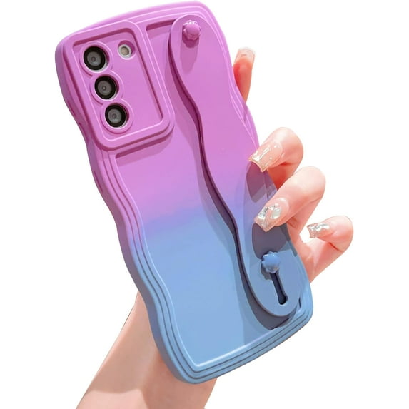Compatible with Samsung Galaxy S21 FE 5G 6.4" Case for Women Men, Cute S21 FE Phone Case with Strap Wristband Kickstand Camera Lens Protect Gradient Wave Soft Silicone Cover (Purple Gray)