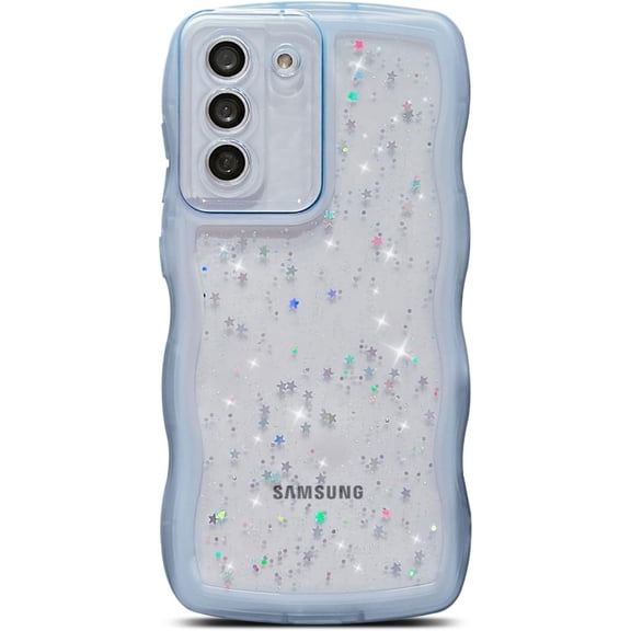 Compatible with Samsung Galaxy S21 FE 5G Case 6.4",Glitter Clear Bling Star Transparent Matte Cute Curly Wave Frame Camera Cover Protection Shockproof Bumper Phone Cover for Women (Blue)
