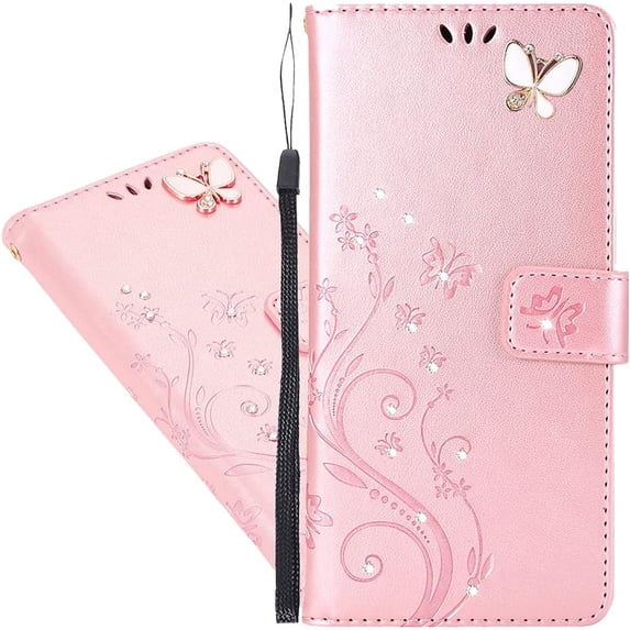 Compatible with Samsung Galaxy S21 FE 5G Case Glitter with Card Holder Flip Wallet Phone Case for Women Crystal Butterfly Shockproof Protective Case for Samsung Galaxy S21 FE 5G,Rose Gold GY