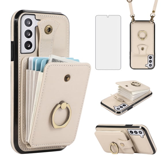 Compatible with Samsung Galaxy S21 FE 5G Wallet Phone Case Screen Protector Ring Crossbody Strap Stand Credit Card Holder RFID Cell Cover for S 21 EF S21FE5G UW S21FE 21S 6.4 inch Women Girls Beige