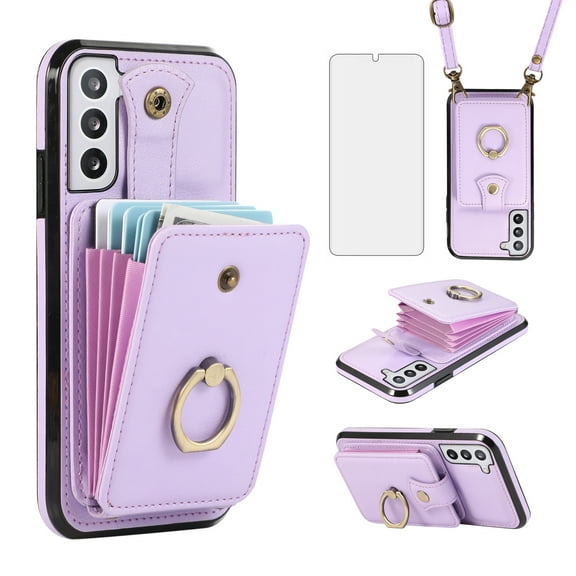 Compatible with Samsung Galaxy S21 FE 5G Wallet Phone Case Screen Protector Ring Crossbody Strap Stand Credit Card Holder RFID Cell Cover for S 21 EF S21FE5G UW S21FE 21S 6.4 inch Women Girls Purple