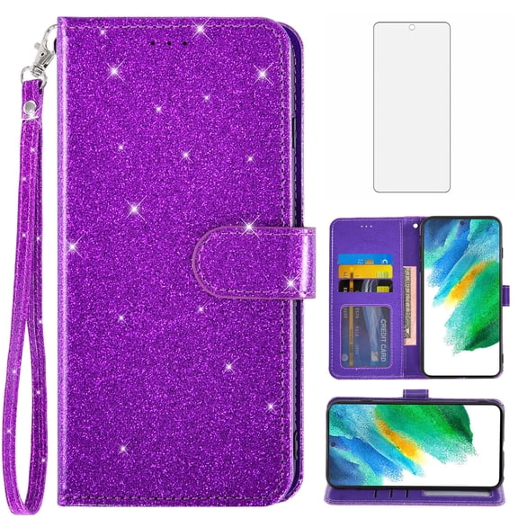 Compatible with Samsung Galaxy S21 FE 5G Wallet Phone Case and Tempered Glass Screen Protector Flip Credit Card Holder Stand Bling Glitter Cell Cover for S 21 EF S21FE5G UW S21FE 21S 6.4 inch Purple