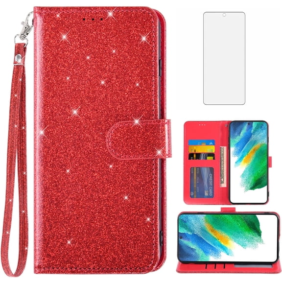 Compatible with Samsung Galaxy S21 FE 5G Wallet Phone Case and Tempered Glass Screen Protector Flip Credit Card Holder Stand Bling Glitter Cell Cover for S 21 EF S21FE5G UW S21FE 21S 6.4 inch Red