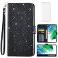 thumbnail image 1 of Compatible with Samsung Galaxy S21 FE 5G Wallet Phone Case and Tempered Glass Screen Protector Flip Credit Card Holder Stand Bling Glitter Cell Cover for S 21 EF S21FE5G UW S21FE 21S 6.4 inch Black, 1 of 9