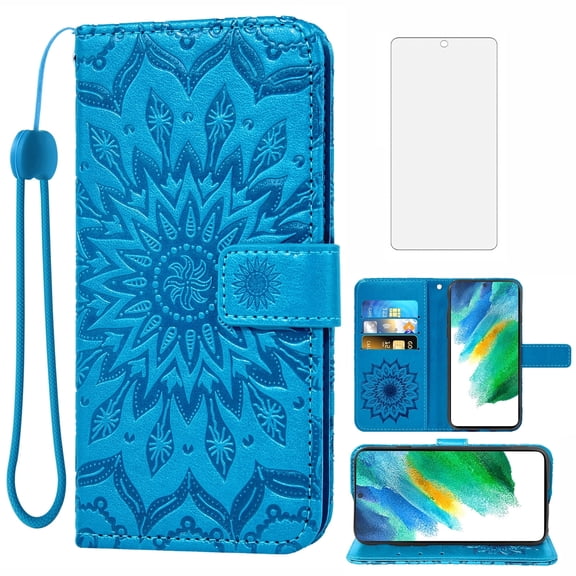 Compatible with Samsung Galaxy S21 FE 5G Wallet Phone Case and Tempered Glass Screen Protector Flip Credit Card Holder Stand Flower Cell Cover for S 21 EF S21FE5G UW S21FE 21S G5 6.4 inch Blue