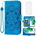 thumbnail image 1 of Compatible with Samsung Galaxy S21 FE 5G Wallet Phone Case and Tempered Glass Screen Protector Flip Credit Card Holder Stand Flower Cell Cover for S 21 EF S21FE5G UW S21FE 21S G5 6.4 inch Blue, 1 of 9