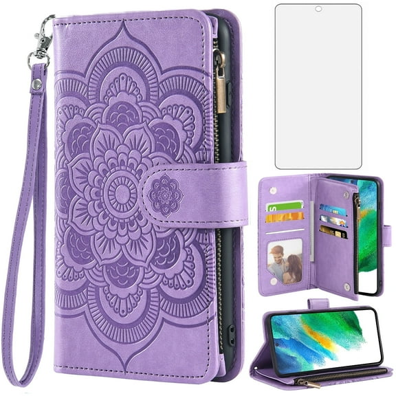 Compatible with Samsung Galaxy S21 FE 5G Wallet Phone Case and Tempered Glass Screen Protector Flower Faux Leather Flip Credit Card Holder Stand Zipper Cell Cover for S21FE5G UW 6.4 inch Women Purple