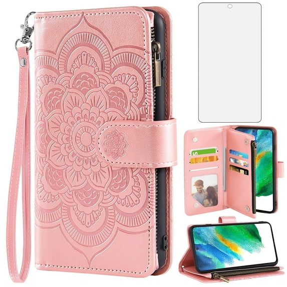 Compatible with Samsung Galaxy S21 FE 5G Wallet Phone Case and Tempered Glass Screen Protector Flower Faux Leather Flip Credit Card Holder Stand Zipper Cell Cover for S21FE5G UW 6.4 inch Women Pink