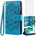 thumbnail image 1 of Compatible with Samsung Galaxy S21 FE 5G Wallet Phone Case and Tempered Glass Screen Protector Flower Faux Leather Flip Credit Card Holder Stand Zipper Cell Cover for S21FE5G UW 6.4 inch Women Blue, 1 of 9