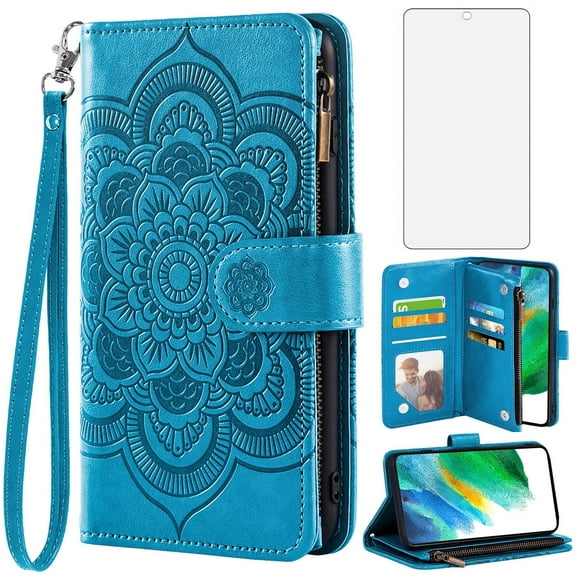 Compatible with Samsung Galaxy S21 FE 5G Wallet Phone Case and Tempered Glass Screen Protector Flower Faux Leather Flip Credit Card Holder Stand Zipper Cell Cover for S21FE5G UW 6.4 inch Women Blue