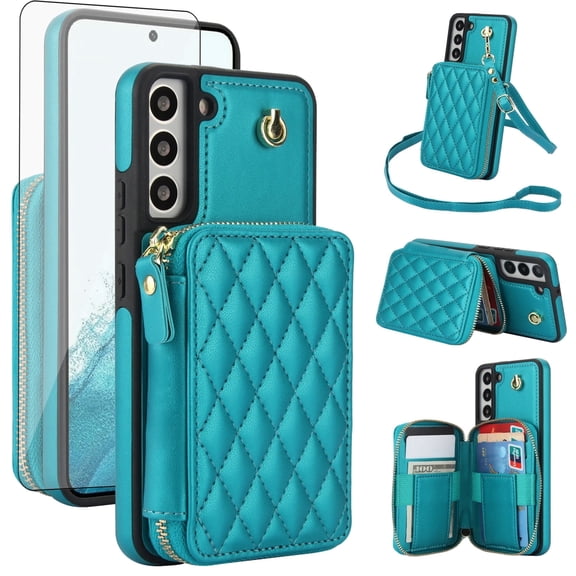 Compatible with Samsung Galaxy S21 FE 5G Wallet Phone Case Tempered Glass Screen Protector Wrist Crossbody Strap Stand Credit Card Holder RFID Slot Cell Cover for S 21 EF S21FE5G UW Women Girls Green