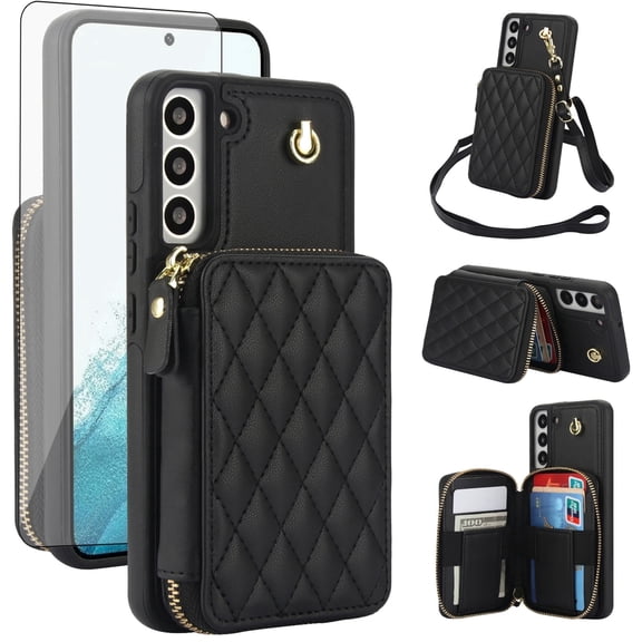 Compatible with Samsung Galaxy S21 FE 5G Wallet Phone Case Tempered Glass Screen Protector Wrist Crossbody Strap Stand Credit Card Holder RFID Slot Cell Cover for S 21 EF S21FE5G UW Women Girls Black
