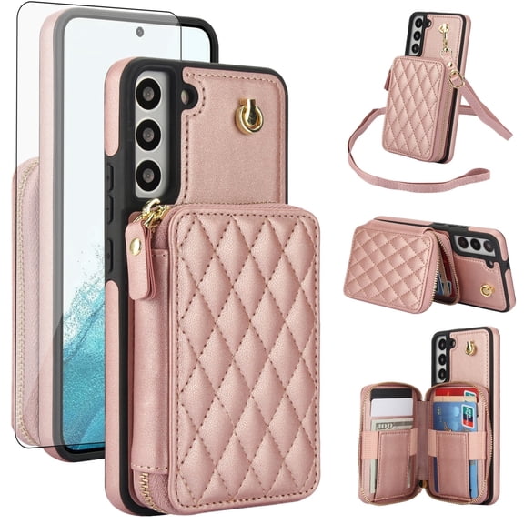 Compatible with Samsung Galaxy S21 FE 5G Wallet Phone Case Tempered Glass Screen Protector Wrist Crossbody Strap Stand Credit Card Holder RFID Slot Cell Cover for S 21FE 5G UW Women Girls Rose Gold