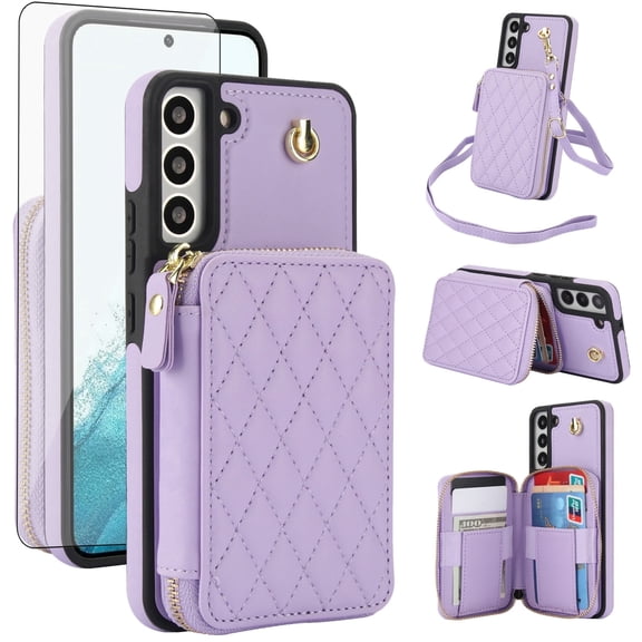 Compatible with Samsung Galaxy S21 FE 5G Wallet Phone Case Tempered Glass Screen Protector Wrist Crossbody Strap Stand Credit Card Holder RFID Slot Cell Cover for S21 EF S21FE5G UW Women Girls Purple