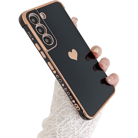Compatible with Samsung Galaxy S21 FE 6.4” 5g Phone Case Luxury Plating Cute Love Heart Side Small Pattern Case Full Camera Protection Soft Silicone Shockproof Bumper Cover (Black)