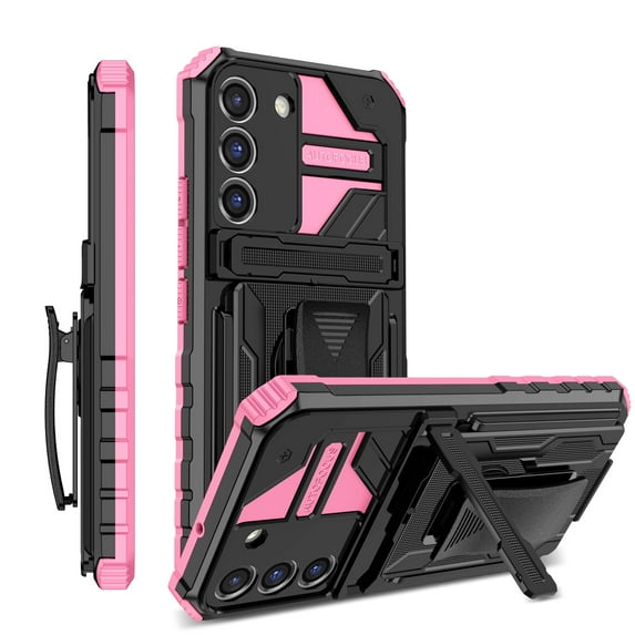 Compatible with Samsung Galaxy S21 FE Back Case, 360 Rotating Removable Belt Clip & Hidden Kickstand & Hard PC + Soft TPU & Anti-fall & Shock Absorption Phone Case for Galaxy S21 FE, Pink