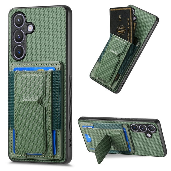 Compatible for Samsung Galaxy S21 FE Carbon Fiber Texture Wallet Case with Credit Card Slots, Shockproof Protection Business PU Leather Flip Kickstand Phone Cover for Galaxy S21 FE, Green