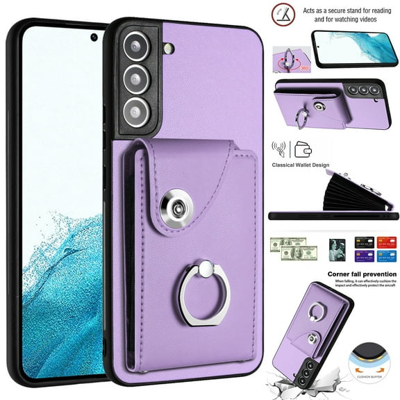 Compatible for Samsung Galaxy S21 FE Case with Card Holder, Wallet Case for Women Men with Rotation Finger Ring Stand, Accordion Style PU Leather Shockproof Case for Galaxy S21 FE, Purple