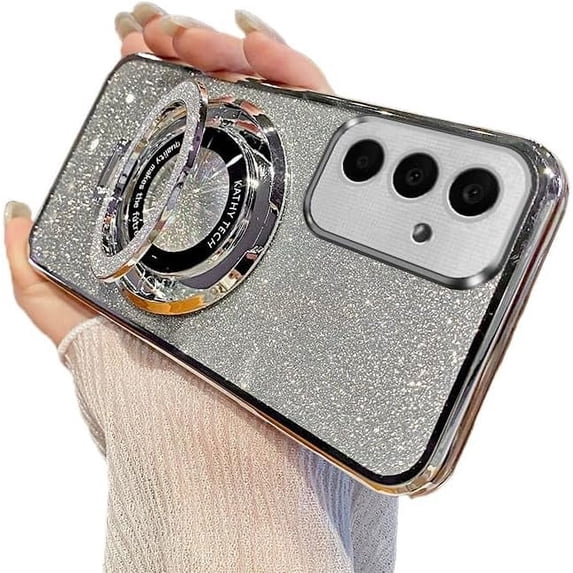 Compatible with Samsung Galaxy S21 FE Case with Kickstand Magnetic Galaxy S21 FE Glitter Case Cute Camera Protection Luxury Plating Shockproof Phone Case for Samsung Galaxy S21 FE Sliver DS