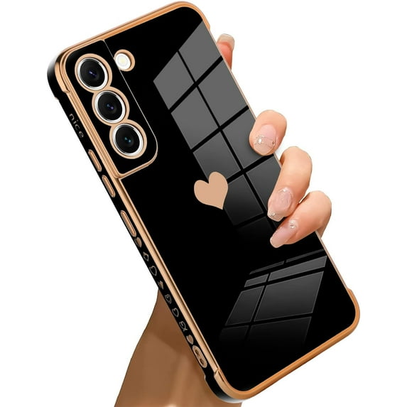 Compatible with Samsung Galaxy S21 FE Case Love Heart Plating Electroplate Luxury Elegant Case Camera Protector Soft TPU Protective Corner Back Cover Galaxy S21 Fe Case -Black