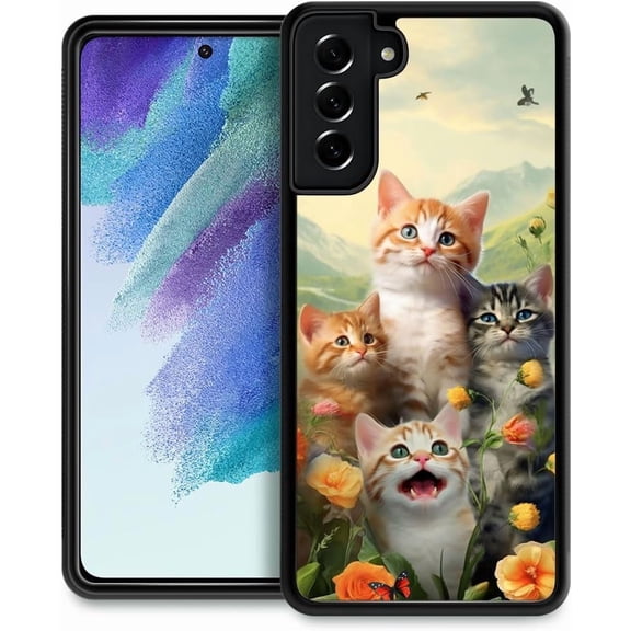 Compatible with Samsung Galaxy S21 FE Case,Pattern Design Hard PC Back Cover Non-Slip Shock Absorption Soft TPU Protective Case for Samsung Galaxy S21 FE for Women 6.4inch-Cats Selfie