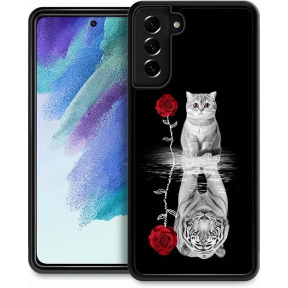 Compatible with Samsung Galaxy S21 FE Case,Pattern Design Hard PC Back Cover Non-Slip Shock Absorption Soft TPU Protective Case for Samsung Galaxy S21 FE for Women 6.4inch-Rose Cat Tiger