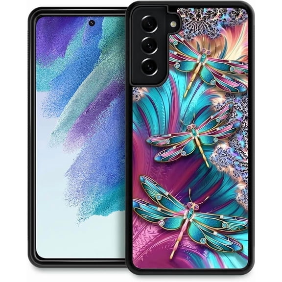 Compatible with Samsung Galaxy S21 FE Case,Pattern Design Hard PC Back Cover Non-Slip Soft TPU Protective Case for Samsung Galaxy S21 FE for Women 6.4inch-Colorful Dragonflies