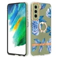 thumbnail image 1 of Compatible for Samsung Galaxy S21 FE Case with Ring Kickstand Holder Clear Floral Pattern Hybrid PC TPU Shockproof Protective Phone Case Cover for Samsung Galaxy S21 FE Women Girls, Blue Flower, 1 of 5