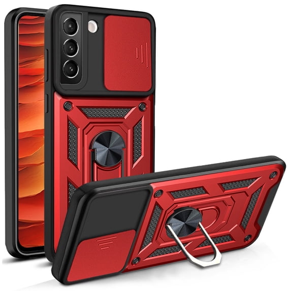 Compatible with Samsung Galaxy S21 FE Case with Sliding Camera Lens Cover and Ring Kickstand Heavy Duty Military Grade Rugged Protection Shockproof Back Phone Cover for Samsung Galaxy S21 FE, Red