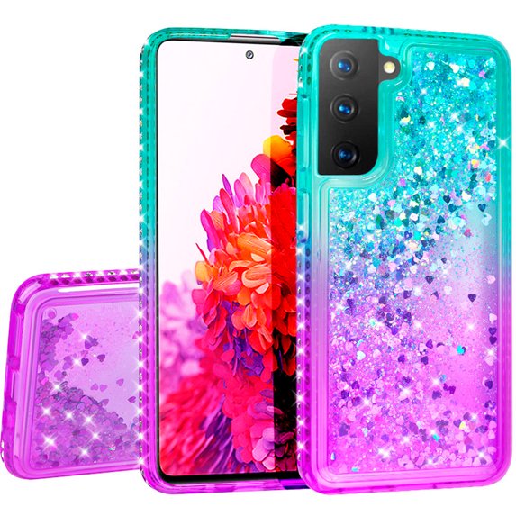Compatible for Samsung Galaxy S21 FE Case, with Tempered Glass Screen Protector SOGA Diamond Liquid Quicksand Cover Cute Girl Women Phone Case - Teal / Purple