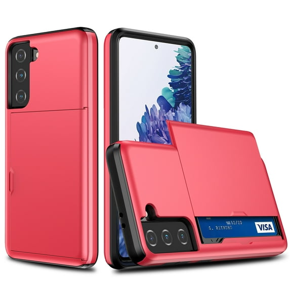 Compatible with Samsung Galaxy S21 FE Case, Wallet Cover Credit Card Holder Slot Sliding Back Pocket Anti-Scratch Dual Layer Protective Case Cover for Samsung Galaxy S21 FE,Red