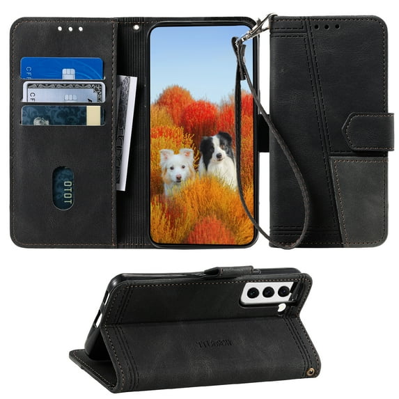 Compatible with Samsung Galaxy S21 FE Case, Wallet Flip Cover with Card Holder and Wrist Strap PU Leather Kickstand Caredit Card Slots Classic Phone Case Cover for Samsung Galaxy S21 FE,Black