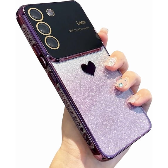 Compatible with Samsung Galaxy S21 FE Plating Cute Heart Phone Case,Gradient Glitter Bling Clear S21 fe Case Women Full Camera Lens Protection Soft Shockproof Bumper Cover (Deep Purple)