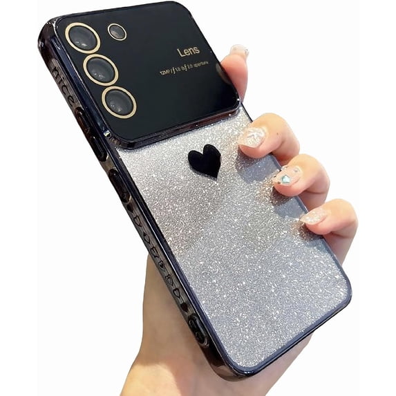 Compatible with Samsung Galaxy S21 FE Plating Cute Heart Phone Case,Gradient Glitter Bling Clear S21 fe Case Women Full Camera Lens Protection Soft Shockproof Bumper Cover (Black)