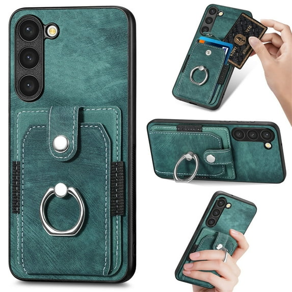 Compatible with Samsung Galaxy S21 FE Wallet Case with Card Holder, Premium PU Leather 360° Rotation Ring Holder Kickstand Shockproof Phone Case Cover for Samsung Galaxy S21 FE, Green