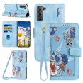 thumbnail image 1 of Compatible with Samsung Galaxy S21 FE Wallet Case for Women, Shoulder Strap + Wristband Premium PU Leather Floral Flip Cover with Card Holder Kickstand Feature Protective Purse Case, Blue, 1 of 8