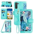 thumbnail image 1 of Compatible with Samsung Galaxy S21 FE Wallet Case for Women, Shoulder Strap + Wristband Premium PU Leather Floral Flip Cover with Card Holder Kickstand Feature Protective Purse Case, Green, 1 of 8